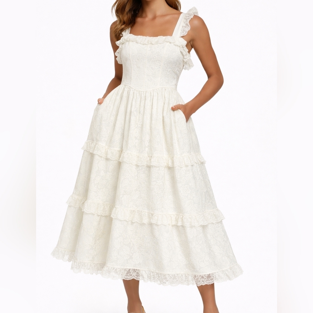 Lulus~Women Jaquared Ivory Corset Ruffle Prairie Dress~Cottagecore Lace~Bridal~S